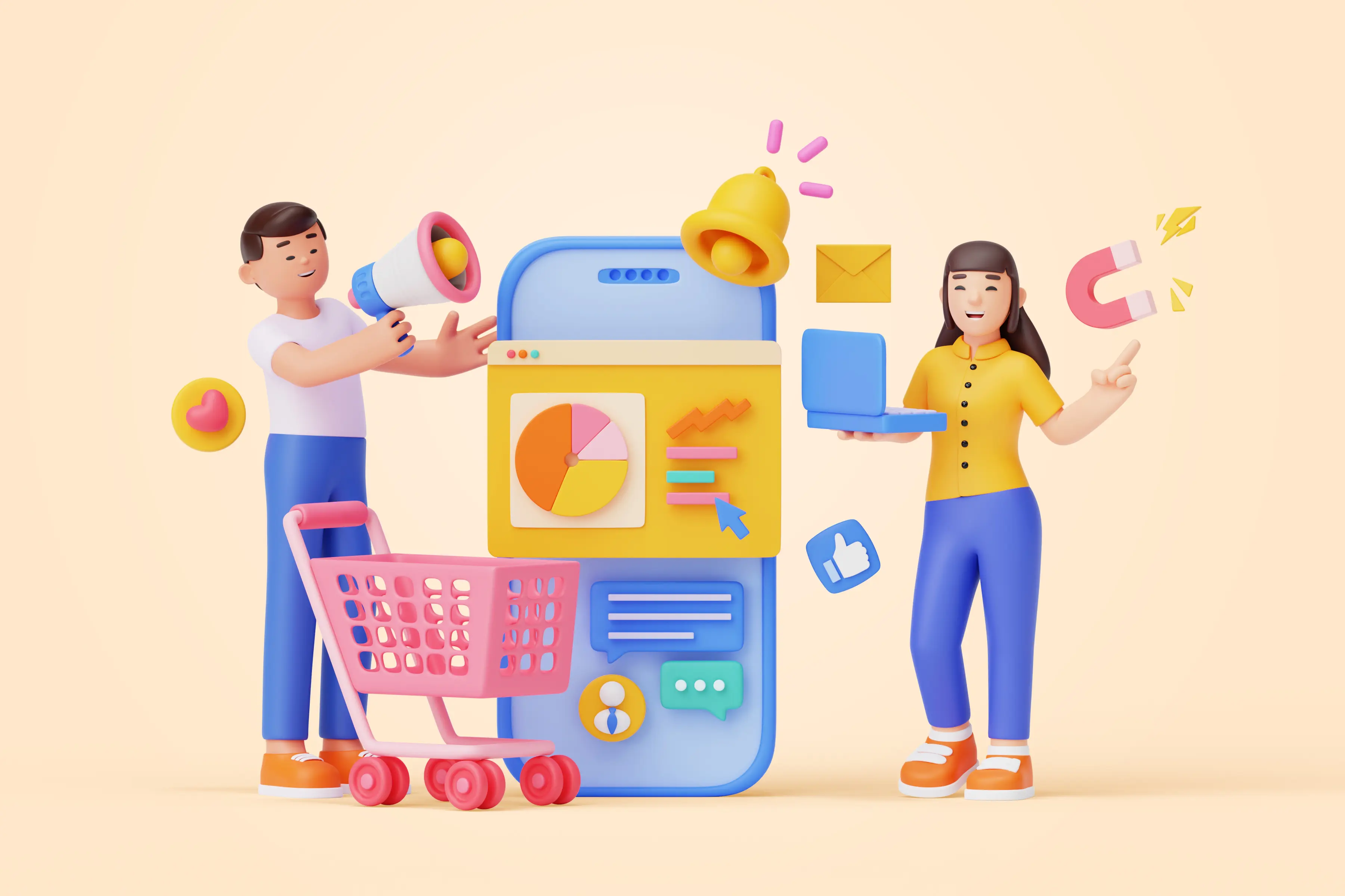 Illustration eines Online-Shops mit Produktanzeige, Einkaufswagen und Menschen