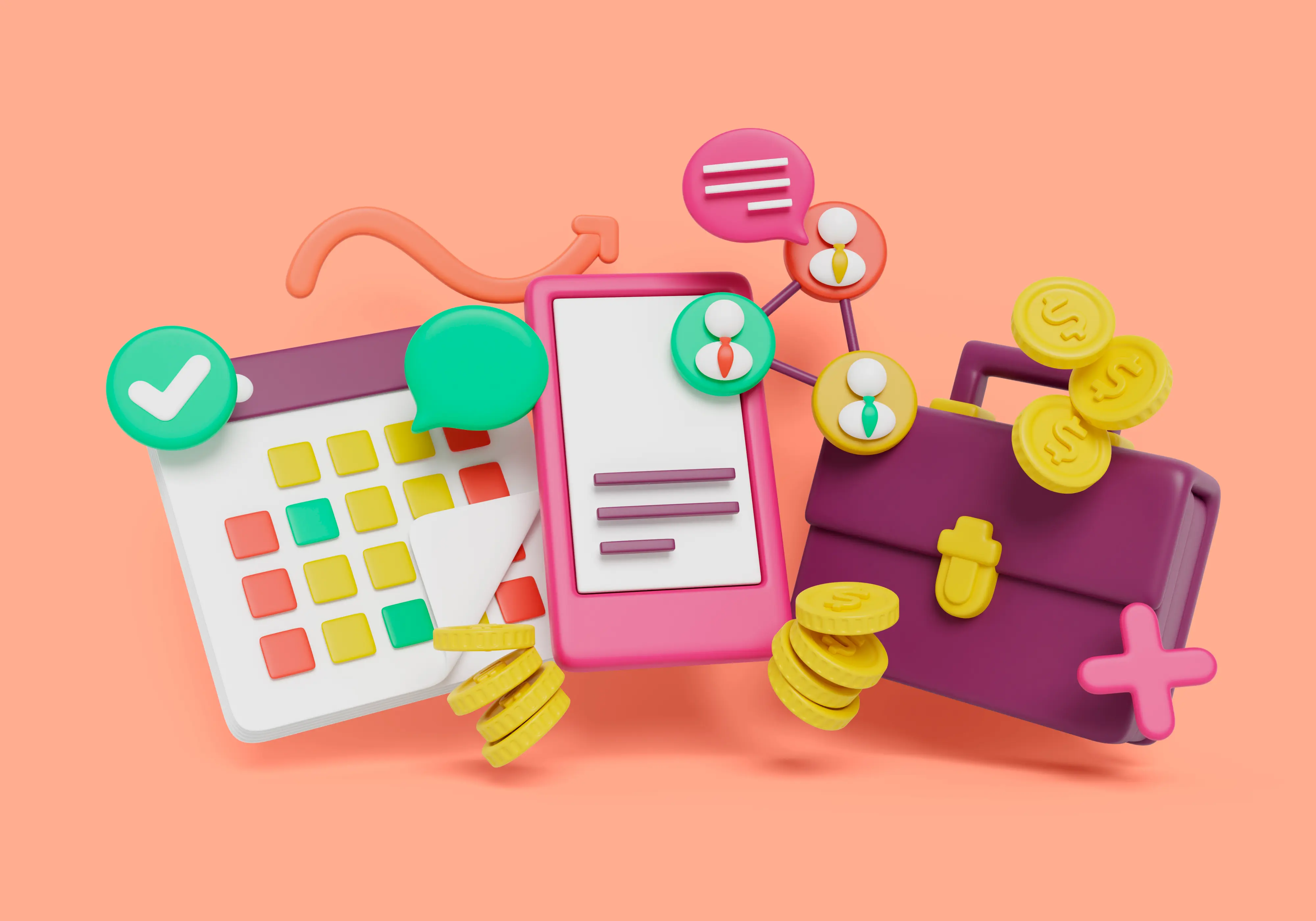 Illustration digitaler Buchhaltung mit Taschenrechner, Dokumenten und Münzen